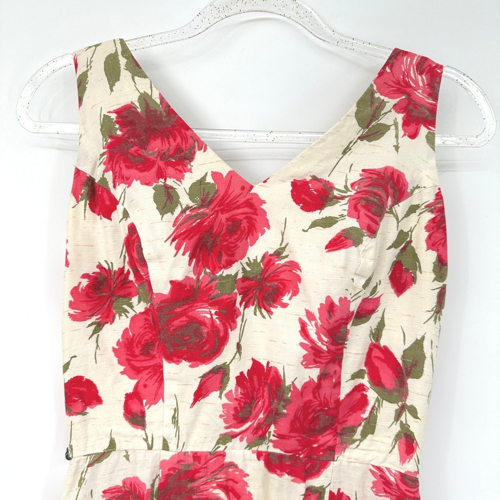 Vintage 50s 60s Floral Barkcloth Wiggle Sheath Dress S Pink Roses Mod Pin Up - Picture 3 of 10